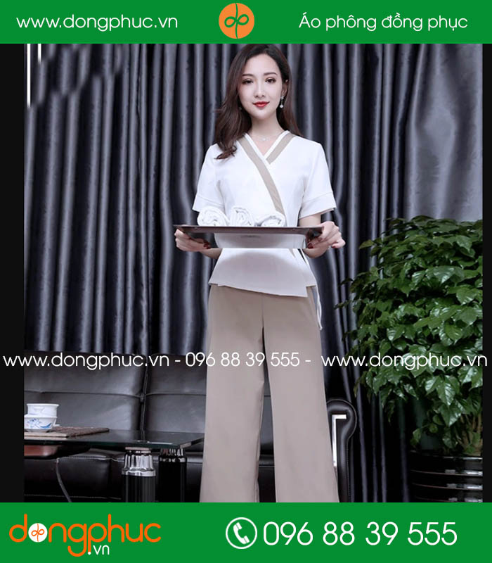 Đồng phục spa màu trắng phối hồng nhạt